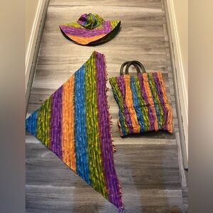 Three piece item set. Scarf, hat, and purse. The hat is one size fits all.